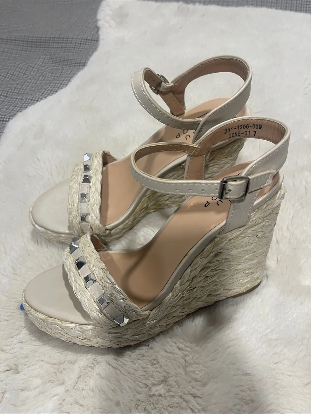 ShuShop Cream Espadrille Wedge Sandals with Silver Studs